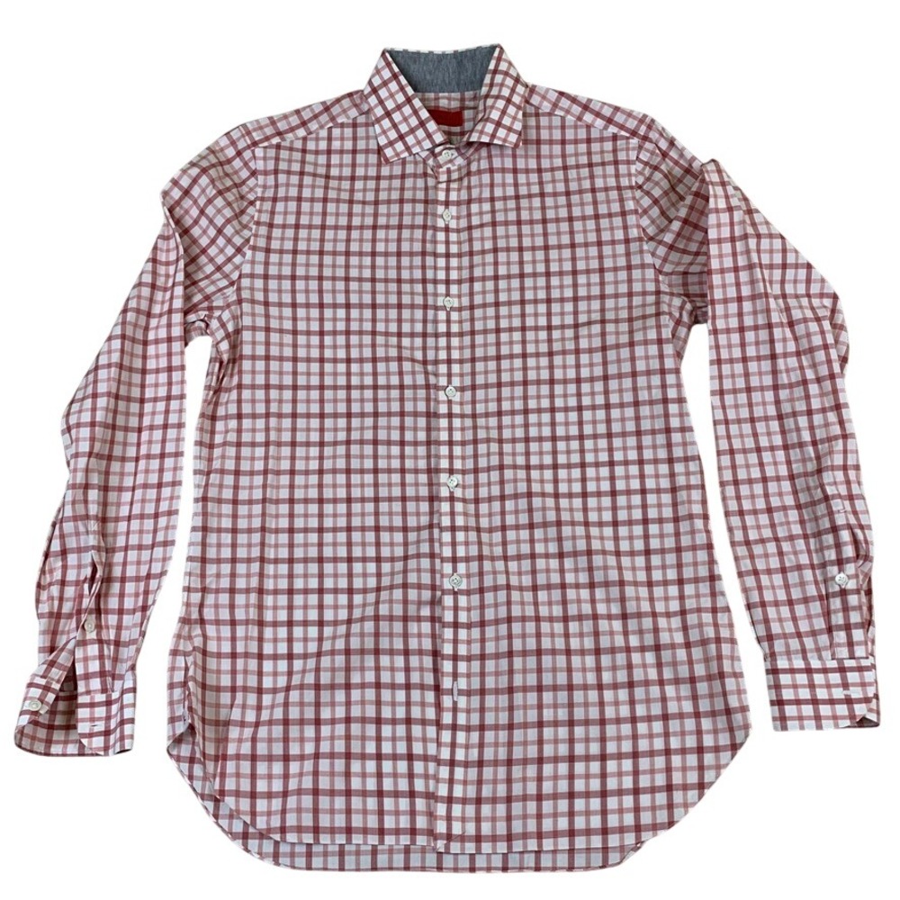 Isaia Napoli Mens Red White Check Cotton Button Down Shirt Made in Italy 15.5 39